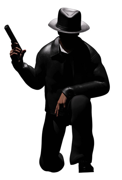 Izolacja 3D renderowania ilustracji męskiego detektywa lub gangstera z sylwetką pistoletu klęcząc na białym tle. - Zdjęcie, obraz