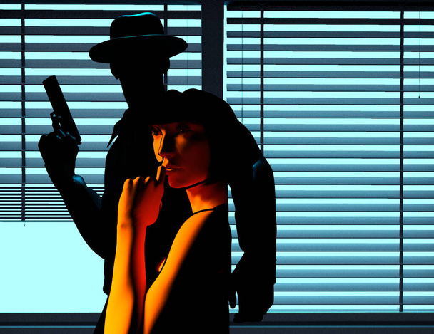 3d render illustration of male detective or mobster with gun silhouette standing with lady portrait on night window blinds background. - Photo, Image