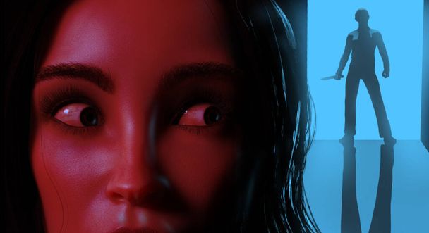 3d render noir thriller illustration of scared red highlighted lady face with mysterious unkown killer with knife silhouette in blue light door frame on black background.. - Photo, Image