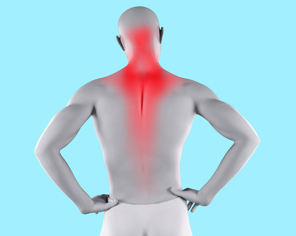 3d render illustration of male figure with neck and back muscle pain highlighted area on blue background. - Photo, Image