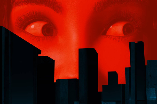 Kırmızı renkli şehir manzarası arka planında korkmuş kadın yüzünün üç boyutlu bir çizimi.. - Fotoğraf, Görsel