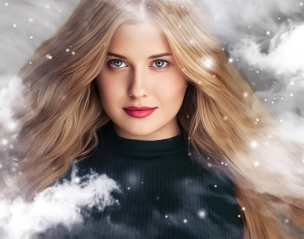 Zimní krása, vánoční čas a šťastné svátky, krásná žena s dlouhým účesem a přirozeným make-upem za zamrzlým oknem, sněžení sněhu design jako Vánoce, Nový rok a rekreační životní styl portrét - Fotografie, Obrázek