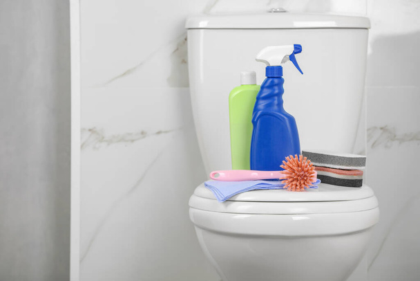 Cleaning supplies on toilet bowl in bathroom, space for text - Photo, Image