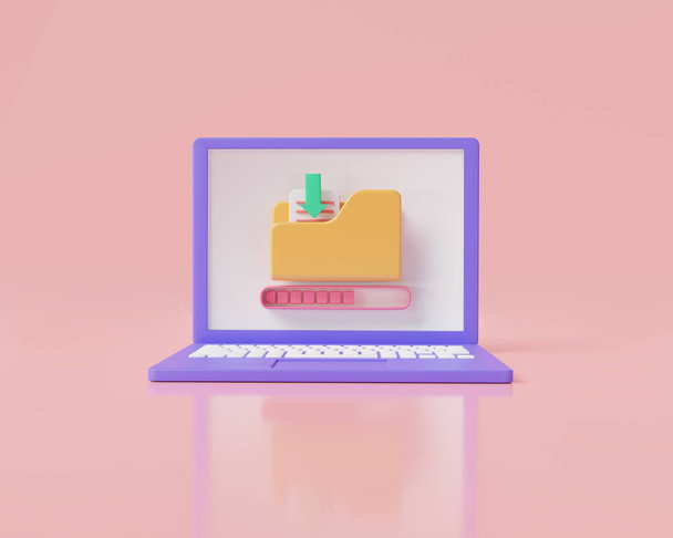 3D rendering illustration of download folder on laptop icon isolated on pink background. Data storage, computer folder, Download Data, Folder download, paper icon, arrow. File management concept. - Foto, Bild