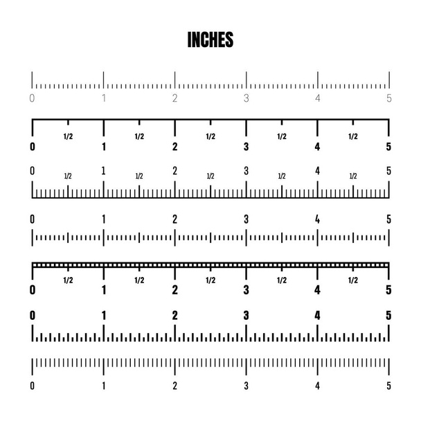 Realistic black inch scale for measuring length or height. Various measurement scales with divisions. Ruler, tape measure marks, size indicators. Vector illustration. - Vektor, Bild
