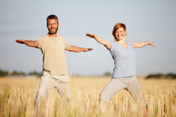 Le yoga fait partie de leur style de vie. un couple mature en position guerrière lors d'un entraînement de yoga dans un champ - Photo, image