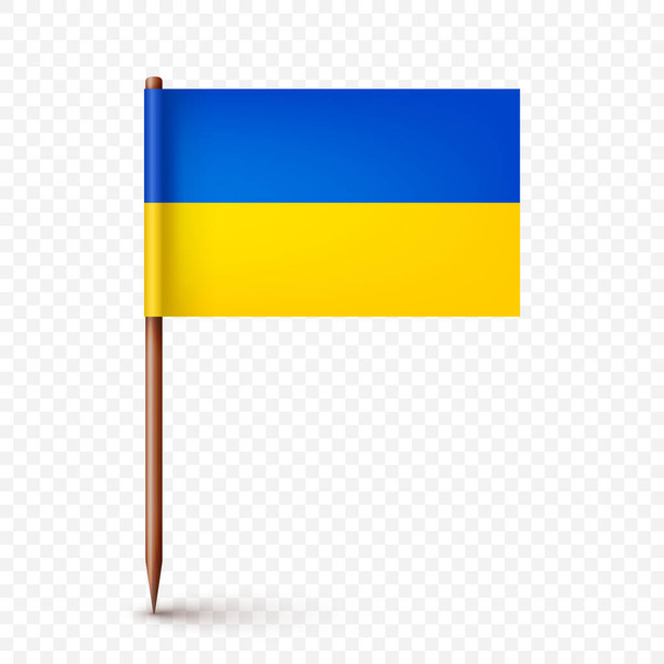 Reális ukrán fogpiszkáló zászló. Szuvenír Ukrajnából. Fa fogpiszkáló papírzászlóval. Helyszín jel, térkép mutató. Üres mockup reklámokhoz és előléptetésekhez. Vektorillusztráció. - Vektor, kép
