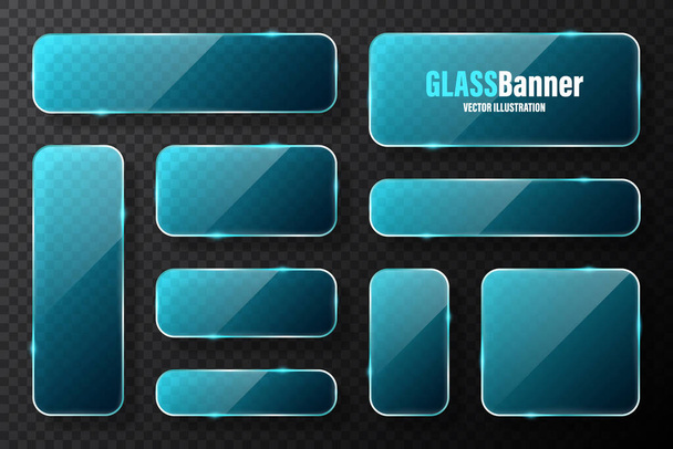 Realistic glass frames collection. Blue transparent glass banners with flares and highlights. Glossy acrylic plate, element with light reflection and place for text. Vector illustration. - Vecteur, image
