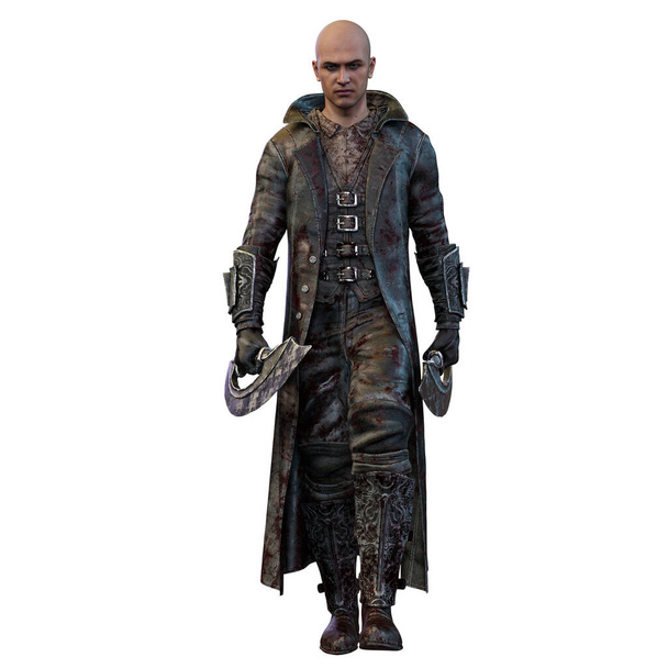 Homem de fantasia épico em uma jaqueta longa com armas, ilustração 3D, renderização 3D - Foto, Imagem