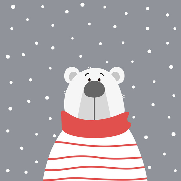 Cute hand drawn polar bear with falling snow background. Hand drawn cartoon bear. Vector illustration for postcard, Christmas, New Year, print, fabric, kids wear, social media, sale banner. - Vektori, kuva