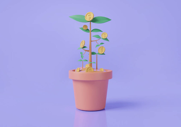 Money tree with gold coins dollars with vase on purple background. Growing money tree, Saving money, business income, storage money, money investment, economic growth. 3d icon render illustration - Photo, Image