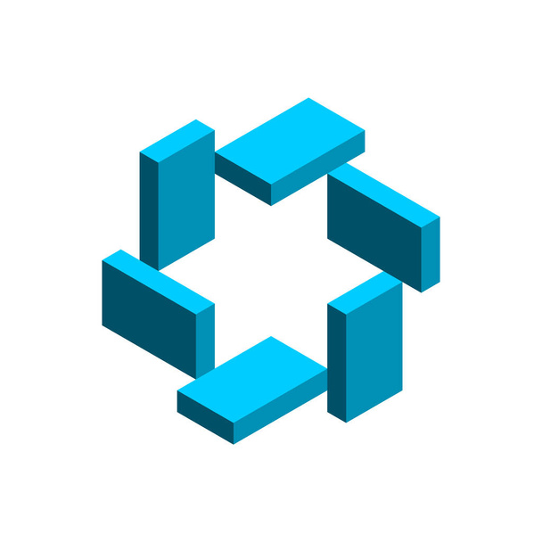 Geometric object made of blue rectangles around a star. Impossible shape. Bricks or blocks unique isometric projection. Penrose Esher figure. 3D Puzzle game pieces. Vector illustration, clip art. - Вектор, зображення