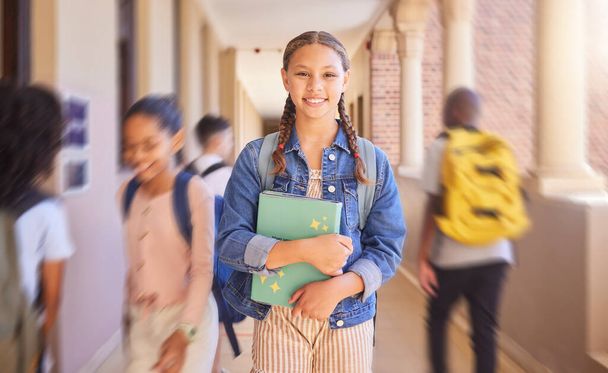 Student, portrait smile and class for school, education or learning with vision for career ambition in development. Happy female teenager smiling ready to learn, scholarship or goals at busy academy. - Foto, imagen