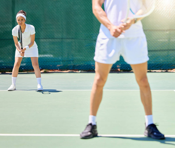 Teamwork, sports and tennis with woman on court for fitness, support and training. Collaboration, health and games with tennis player ready to start competition for goals, vision and summer workout. - Photo, Image