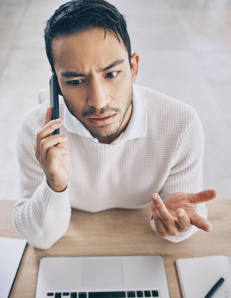Closeup, man and confused phone call in office at finance, accounting or financial company. Zoom, businessman and smartphone conversation in corporate, small business and question in customer service. - Fotoğraf, Görsel