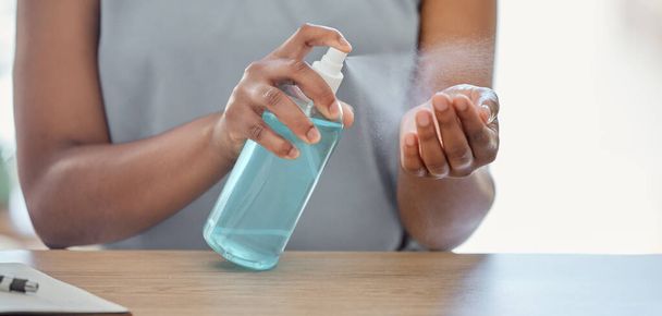 Hand sanitizer, business woman and covid risk management, healthcare or safety in office to stop corona virus, cleaning compliance and hygiene. Spray bottle, liquid and product of bacteria protection. - Fotografie, Obrázek
