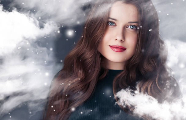 Winter beauty, Christmas time and happy holidays, beautiful woman with long hairstyle and natural make-up behind frozen window, snowing snow design as xmas, New Year and holiday lifestyle portrait - Фото, изображение