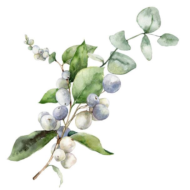 Watercolor Christmas bouquet of white berries, eucalyptus branch and leaves. Hand painted holiday composition of plants isolated on white background. Illustration for design, print or background - Foto, Imagem