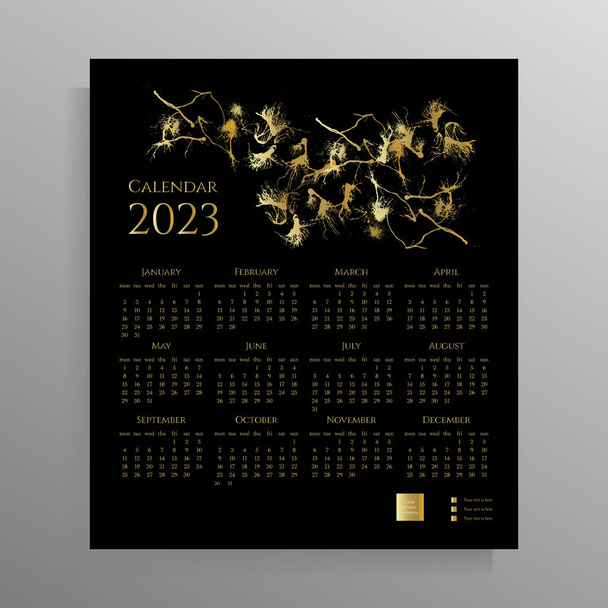 Calendario de pared para 2023 durante 12 meses. Diseño estricto diseño de un cartel, volante. Color negro con oro. Ilustración vectorial. - Vector, imagen