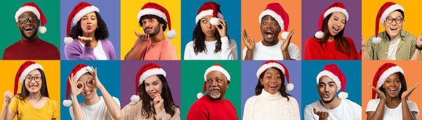 Kollaasi positiivinen hymyilevä monikulttuurinen miesten ja naisten santa hatut seisoo värikkäitä taustoja, muotokuvia onnellinen monikansallisten ihmisten nauttia joulun ja uudenvuoden vapaapäivät, panoraama - Valokuva, kuva