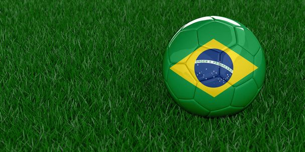 Brasiliens Nationaler Fußball mit Länderflaggenmuster. Fußballturnierkonzept. Sportwetten. Realistischer 3D gerenderter Gras-Hintergrund, Kopierraum. Set von 26 Bildern. - Foto, Bild