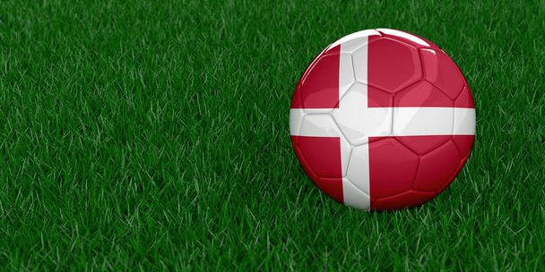 Denmark National football with country flag pattern. Soccer tournament concept. Sports betting. Realistic 3D rendered grass background, copy space. Set of 26 images. - Photo, Image