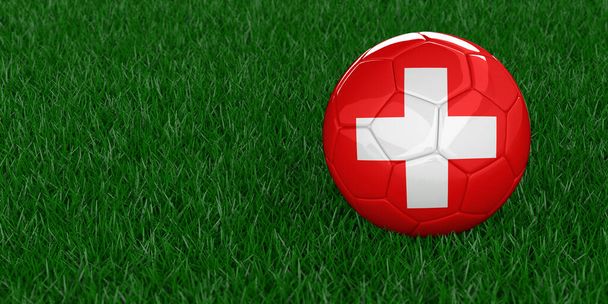 Zwitserse nationale voetbal met land vlag patroon. FIFA World Cup 2022, Qatar voetbal toernooi concept. Wedden op sport. Realistische 3D weergegeven gras achtergrond, kopieer ruimte. Set van 26 afbeeldingen. - Foto, afbeelding