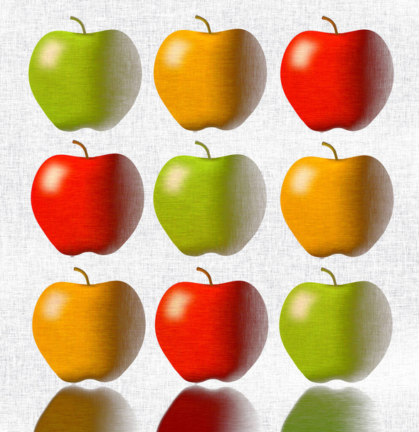 Elmalar, parlak renkler ve dramatik ışıklandırma içeren bu üç boyutlu illüstrasyonun konusudur. Bu dokuz elma grubunda doku ve grunge de görülür.. - Fotoğraf, Görsel