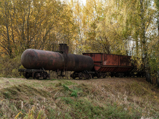 Vanha kapea rata ruosteinen tuotanto juna lepää kiskoilla myöhään syksyllä maaseudulla - Valokuva, kuva