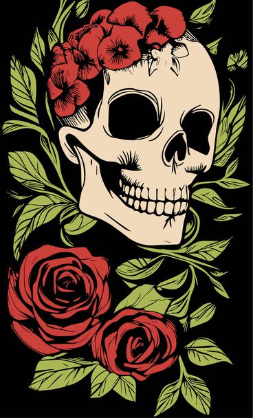 feminine skull and roses wallpaper hand drawn vector colored clip ar - Vector, imagen