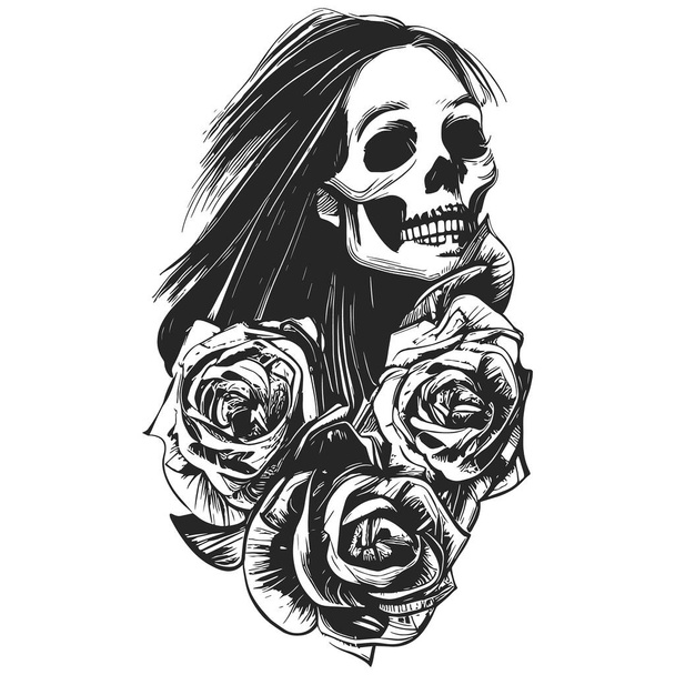 Weiblicher Totenkopf mit handgezeichneten Rosen Vektor schwarz-weiß Clip ar - Vektor, Bild