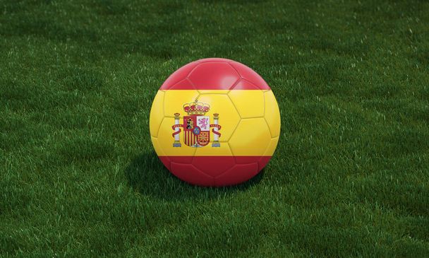 Fotbalový míč se španělskou vlajkou barvy na stadionu na zelené trávě pozadí. 3D ilustrace. - Fotografie, Obrázek