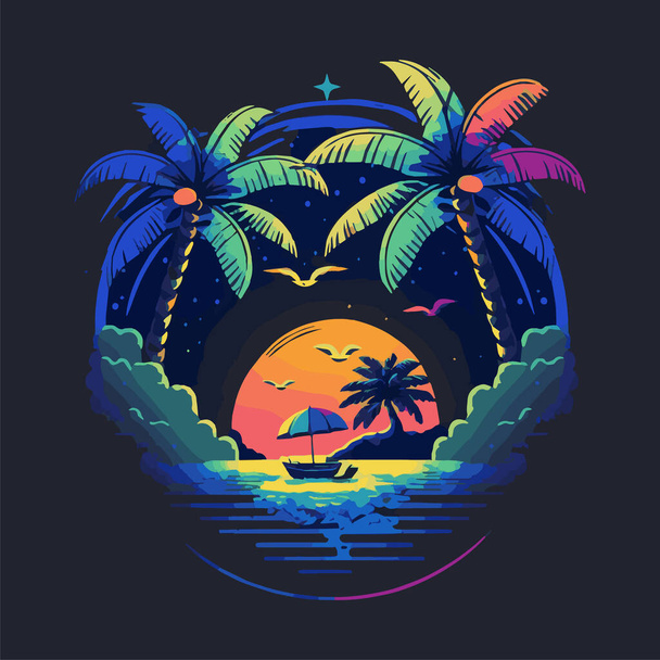 Tropical Island Palms Logo Beach Travel Retro Postcard Sea Sand Ocean Summer Vacation Sunset - Вектор, зображення