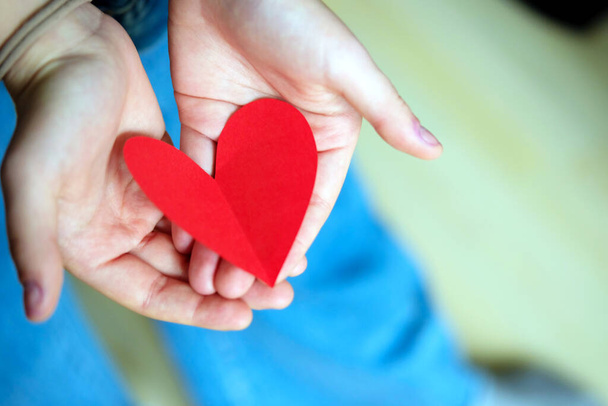 dívčí ruce drží červený papír srdce půlky - Valentýna koncept - Fotografie, Obrázek