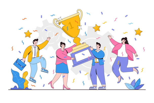 Successful business team concept. Happy business people holding prize winner cup and celebrating achievement. Modern flat style illustration for teamwork and award concept. - Vector, Image