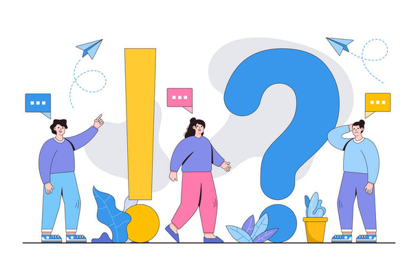 Frequently asked questions concept. Young woman and man with question and answer. People characters standing near exclamations and questions marks. Modern vector illustration in flat style. - Vector, Image