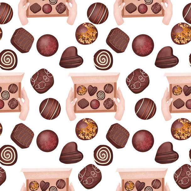 Seamless pattern of chocolate candies, illustration on white background - Fotoğraf, Görsel