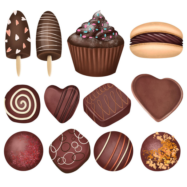 Zestaw czekoladowych cukierków, makaron i muffinka, odizolowana ilustracja na białym tle, desery czekoladowe clipart - Zdjęcie, obraz