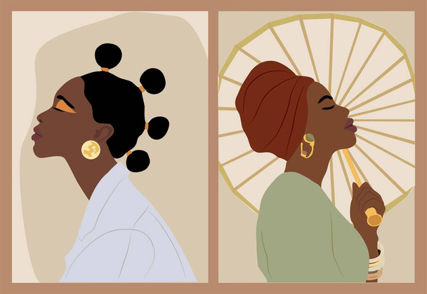 Набір з двох сучасних жіночих настінних мистецтв, абстрактні жіночі принти, Boho Girl Wall Decor, дизайн шпалер середини століття зі стильними чорними жінками та парасолькою. Векторні ілюстрації в пастельних земних тонах
. - Вектор, зображення