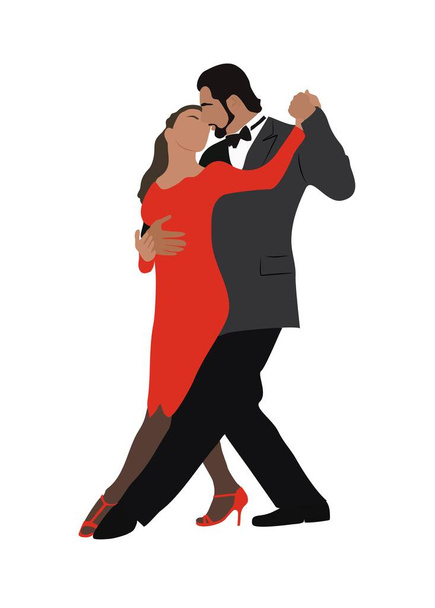 Taneční pár, tanečnice Bachata, Salsa, Flamenco, Tango, Latinský tanec. Tančící lidé v taneční póze. Cartoon styl plochý vektor realistické ilustrace izolované na bílém pozadí. - Vektor, obrázek