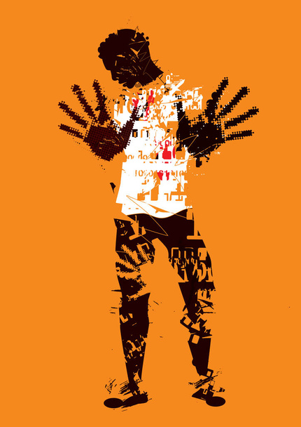 Jovem negro desesperado, vítima de violência e racismo. Ilustração de silhueta grunge masculino estilizado com braços em posição defensiva. Vetor disponível. - Vetor, Imagem
