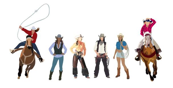 Set di diverse cowgirl in abiti occidentali tradizionali con cappello da cowboy, stivali da cowboy, pistole e lazo. Concetto selvaggio. Vettore stile cartone animato illustrazione realistica isolato su sfondo bianco. - Vettoriali, immagini