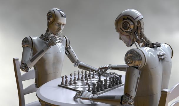 チェスをするヒューマノイドロボット、概念的な3Dイラスト。シチリアの防衛チェスのオープニング。人工知能、未来的なチェスゲーム。チェスのコンピュータトレーニングの概念 - 写真・画像