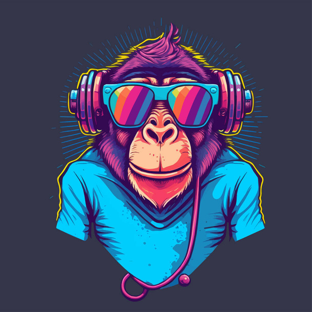 マスコットとロゴのためのモンキーヘッドフェイスのイラスト。ギークチンパンジーアイコンバッジポスター - ベクター画像