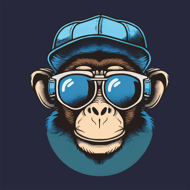 Ilustração do rosto de cabeça de macaco para mascote e logotipo. Cartaz do distintivo do ícone de Geek Chimpanzee - Vetor, Imagem
