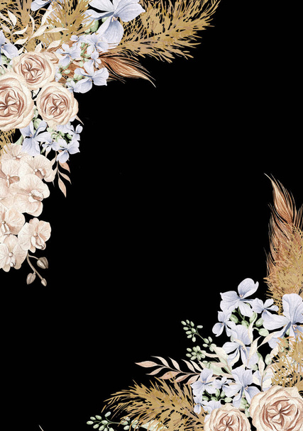 Akwarela z boho suszonych kwiatów i liści. Ilustracja - Zdjęcie, obraz