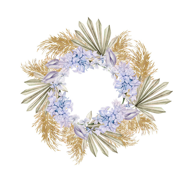 Aquarell-Hochzeitskranz mit Boho-Blumen und getrockneten Blättern. Illustration.  - Foto, Bild