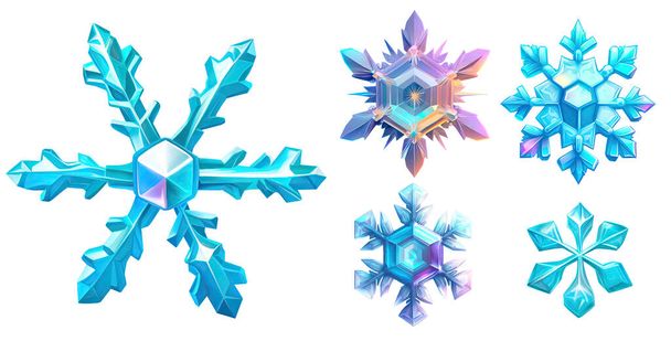 Crystal snowflakes set isolated on white background. 3D digital illustration - Photo, Image