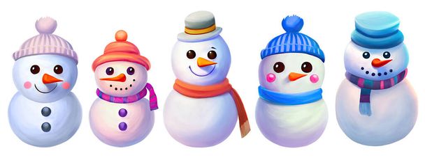 Snowman collection, five cute snowmen characters in a row smiling, wearing scarves and hats isolated on white background. Cartoon digital illustration - Photo, Image