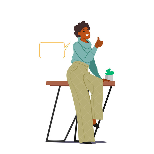 Joven mujer negra con discurso burbuja mostrando pulgar hacia arriba en la oficina. Personaje Femenino Satisfecho con Idea Empresarial Creativa, Nuevo Proyecto, Desarrollo de la Innovación. Dibujos animados Gente Vector Ilustración - Vector, Imagen